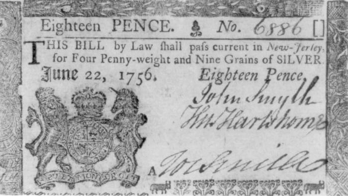 Một giấy bạc trị giá 18 pence từ thuộc địa New Jersey, được phát hành để đối phó với thiếu hụt tiền xu vàng và bạc