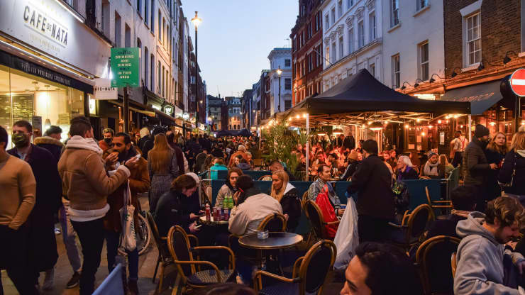 Busy bars and restaurants in Old Compton Street, Soho, in London in April 2021.