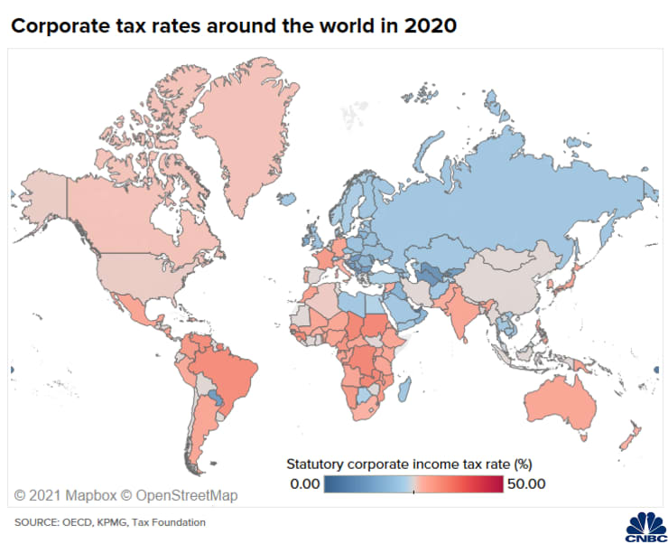 Map shows statutory corporate income tax rates around the world
