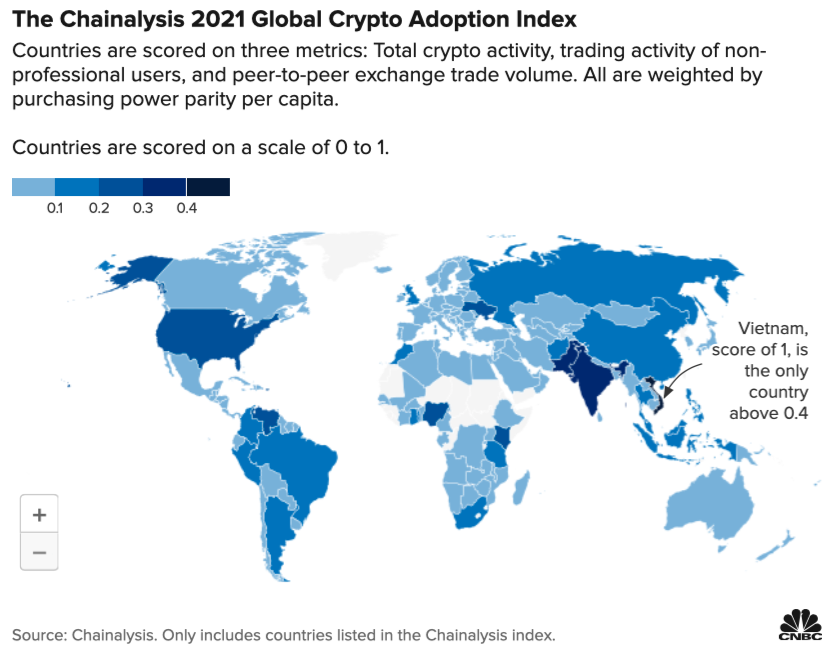 Bản đồ này cho thấy nơi tiền điện tử đang phát triển trên khắp thế giới