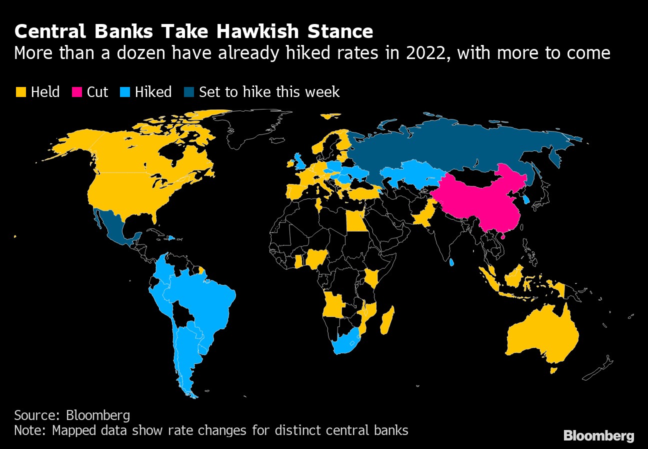 Bản đồ lãi suất của các ngân hàng trung ương. Vàng biểu thị các ngân hàng đã giữ nguyên lãi suất, hồng là ngân hàng đã giảm lãi suất, xanh là các ngân hàng tăng lãi suất, còn xanh đậm là các ngân hàng chuẩn bị tăng lãi suất tuần này