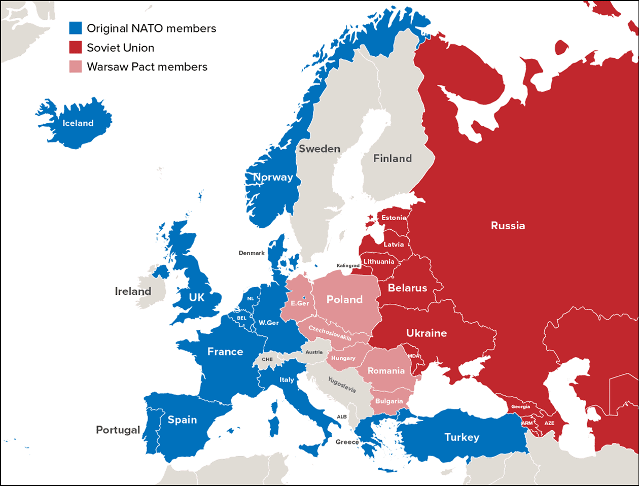 In 1990, the year after the Berlin Wall fell, Russia dominated the Soviet Union and six allied Warsaw Pact countries.