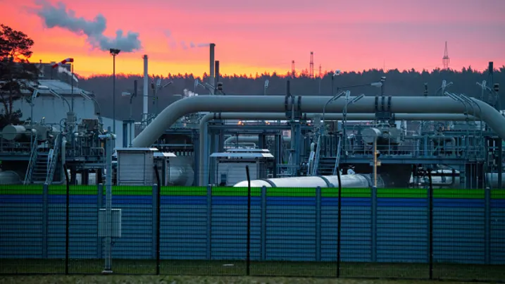 View of pipe systems and shut-off devices at the gas receiving station of the Nord Stream 2 Baltic Sea pipeline.
