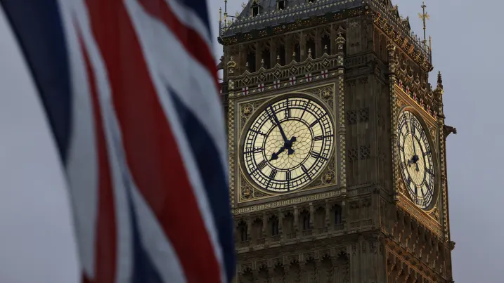 A British Union flag flies near Big Ben at the Palace of Westminster, in London, UK, on Monday, Oct. 24, 2022.