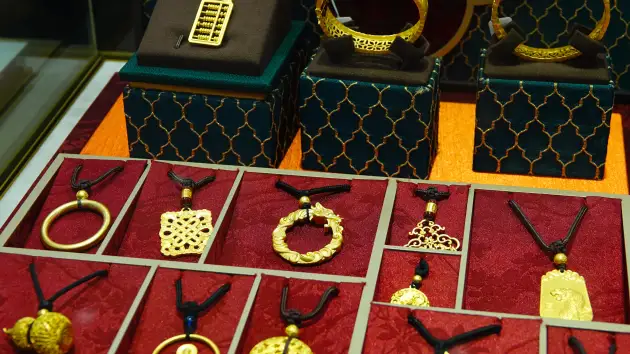 Gold jewelry on display in Yichang, Hubei province, China, July 25, 2023. According to data released by the China Gold Association on July 25, in the first half of 2023, domestic raw material gold production was 178.598 tons, an increase of 3.911 tons compared with the same period in 2022, an increase of 2.24%. In terms of consumption, in the first half of 2023, the national gold consumption was 554.88 tons, an increase of 16.37%. (Photo credit should read CFOTO/Future Publishing via Getty Images)