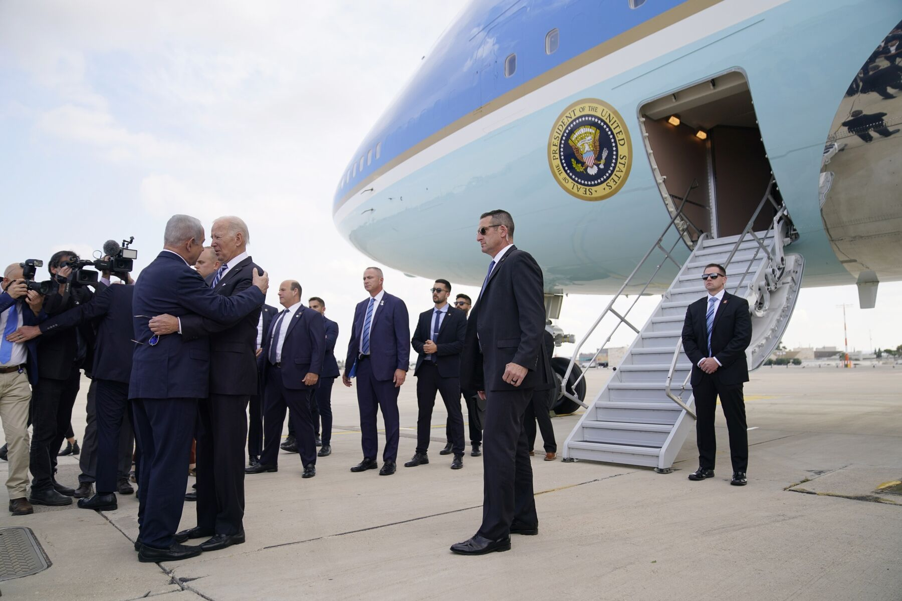 President Joe Biden is greeted by Benjamin Netanyahu in Tel Aviv on Oct. 18.