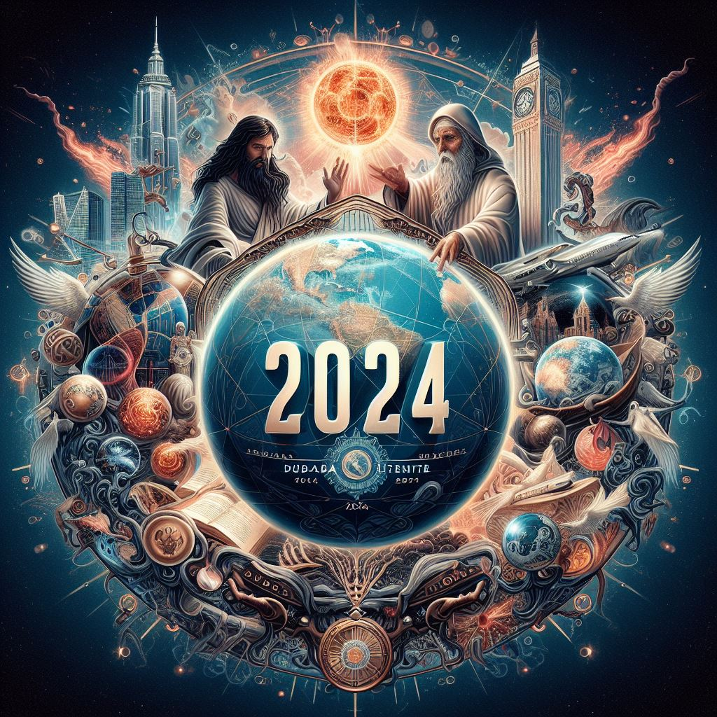 An image with the text '2024 prophecy from Dubaotiente' and a theme of future predictions