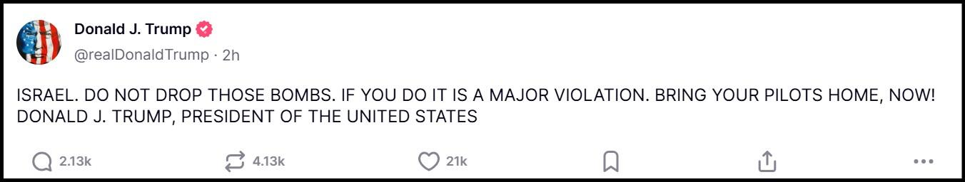 President Trump's Truth Social Account June 24, 2025